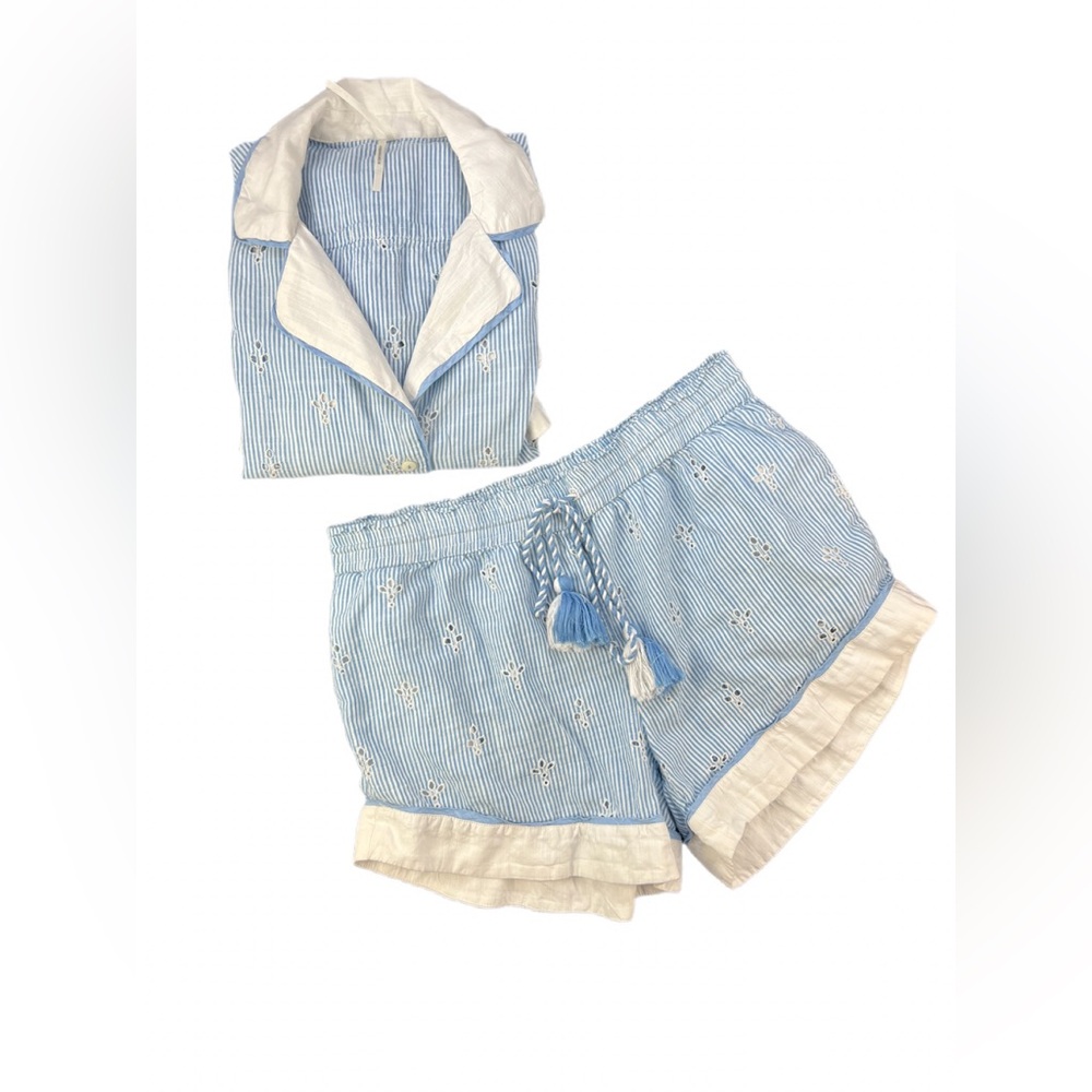 By ANTHROPOLOGIE Bijou 2 Pc Striped Eyelet Pajama Short Set - M - Picture 9 of 10
